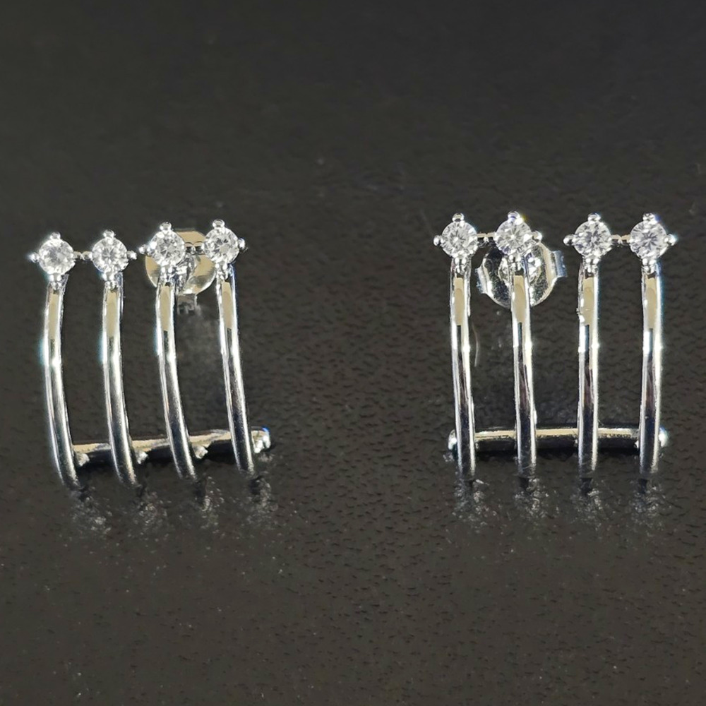 Silver Tone Multi-Bar Ear Climber Stud Earrings Simulated CZ Butterfly Back